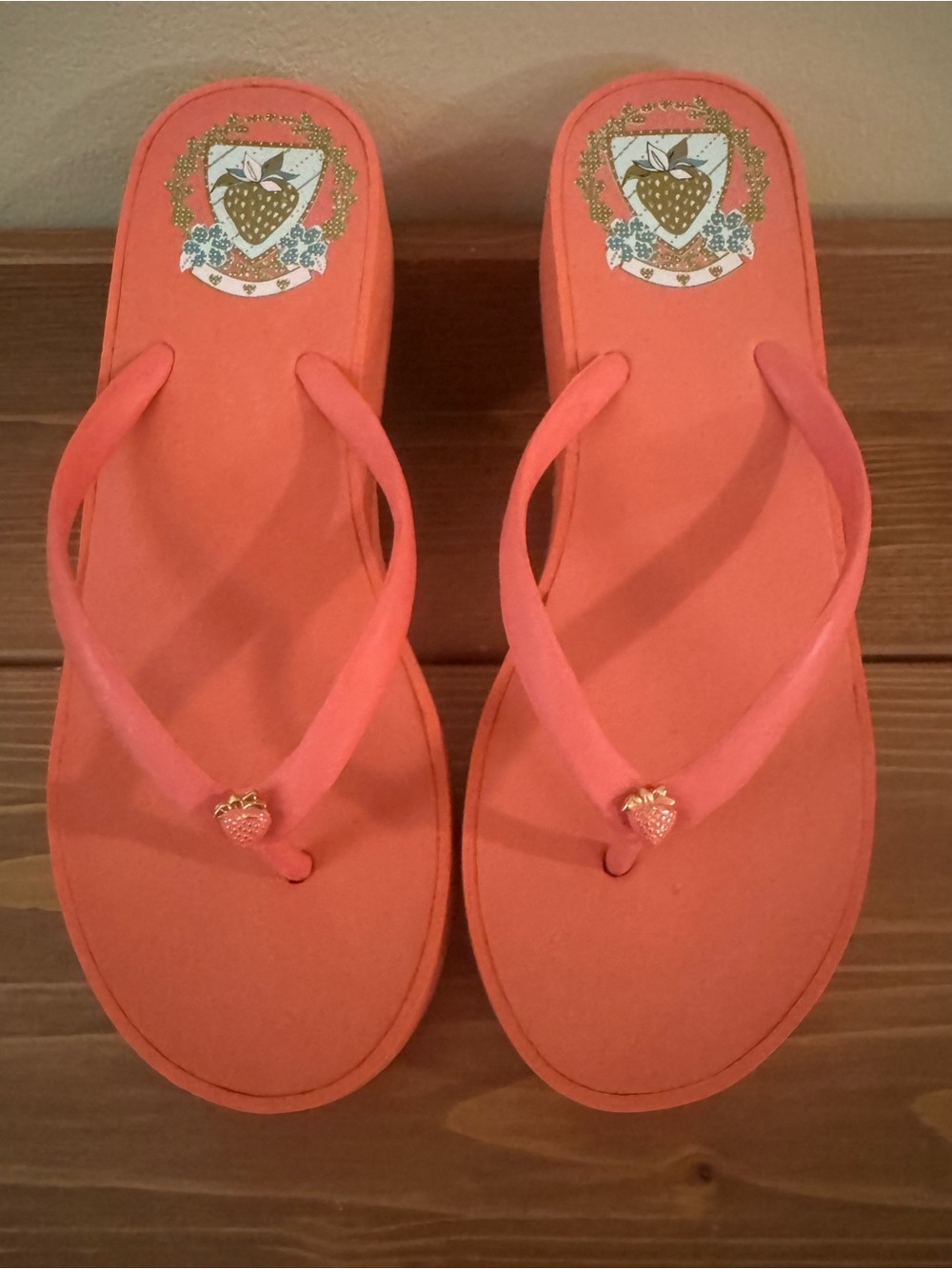 Juicy Couture Coral Pink Flip Flop Sandals with Strawberry Accent